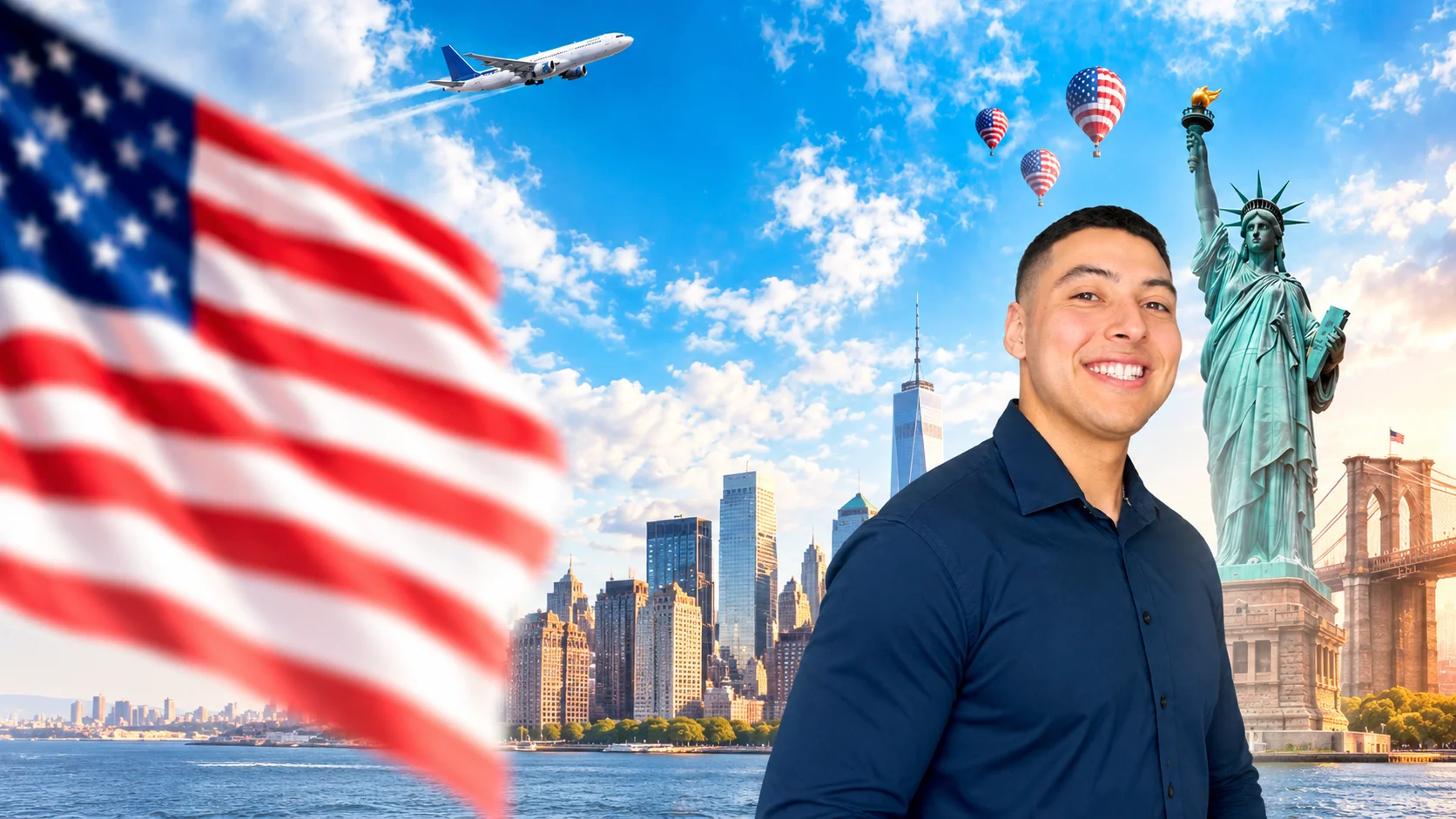 Teacher Sid sorrindo, com bandeira dos Estados Unidos, Estátua da Liberdade e o skyline de Nova York ao fundo